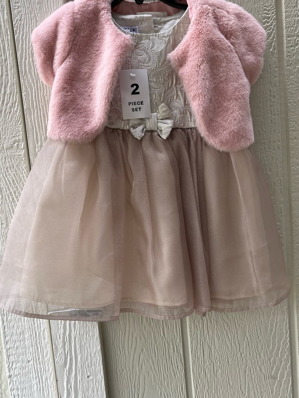 Blueberi Boulevard Pink Faux Fur Bolero with Cream Floral Bodice